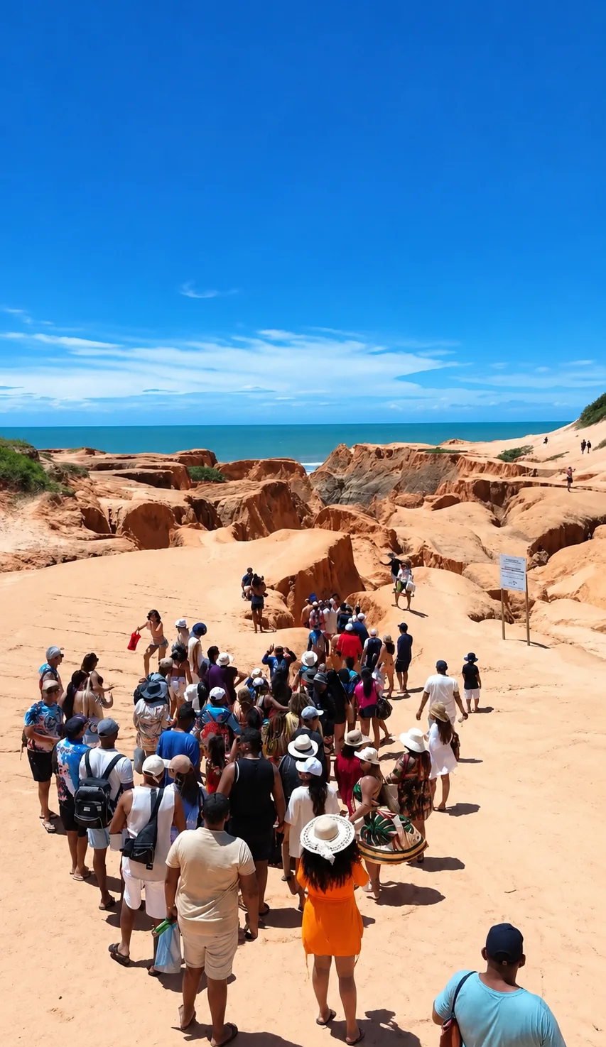Visitantes descendo as falésias em direção ao mar