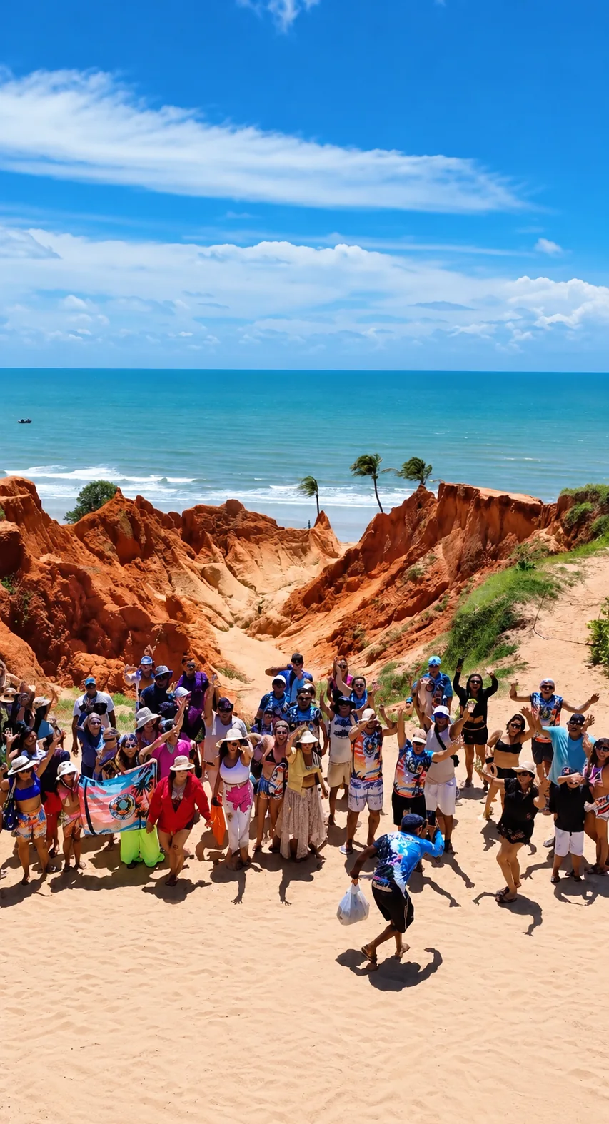 Grupo de turistas de braços erguidos diante das falésias vermelhas e do mar
