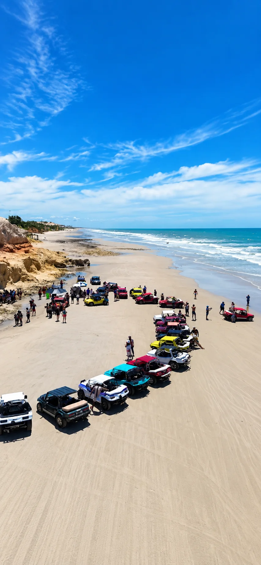Buggys coloridos na faixa de areia, com falésias e ondas ao fundo
