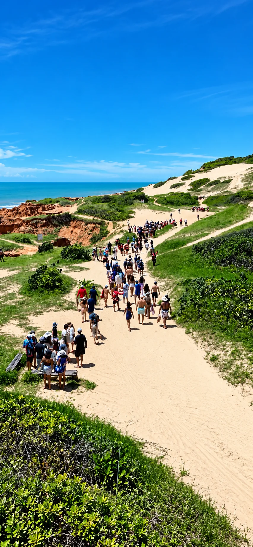 Grupo caminhando por trilha entre dunas e vegetação, com o mar ao fundo
